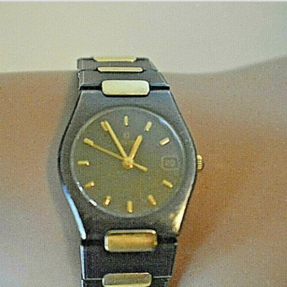 RARE Ladies Concord 18K Gold Gun Metal Black SS Swiss Date Watch w/ Box